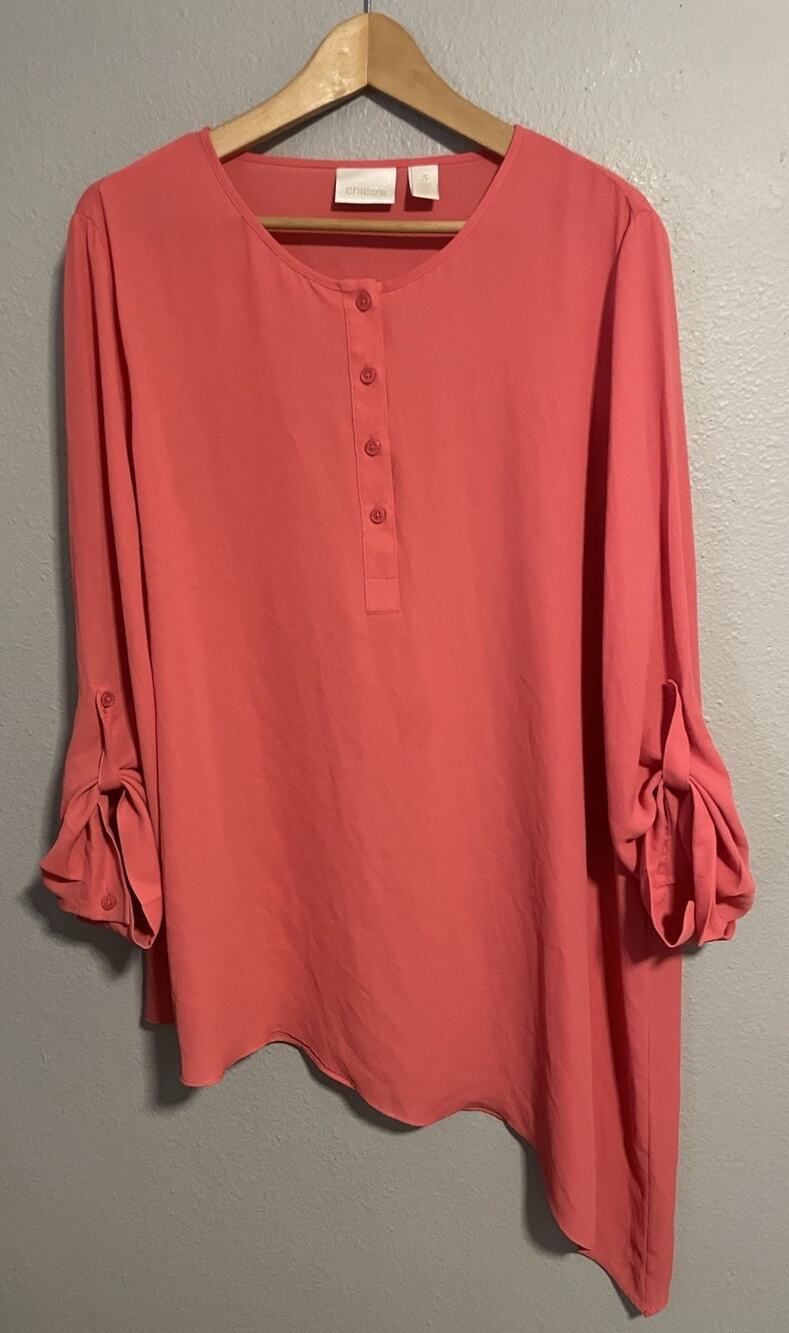 Chicos Womens Tunic Size 3 US XL Pink Asymmetric Hem Roll Tab Sleeve Modern